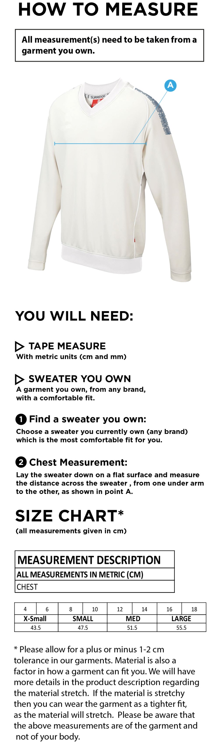 Blast Long Sleeve Womens Cricket Sweater - Size Guide