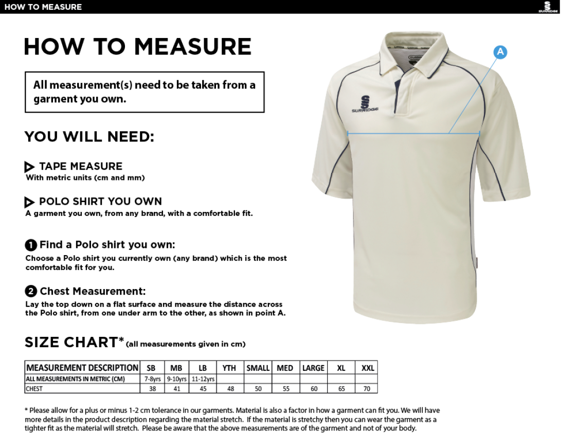 Premier Cricket Shirt - Short Sleeve Maroon - Size Guide