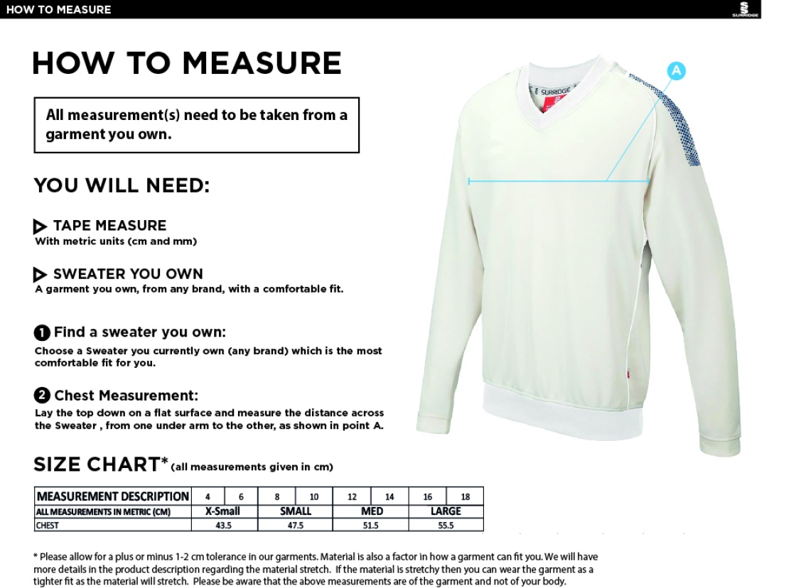 Blast Long Sleeve Womens Cricket Sweater - Size Guide