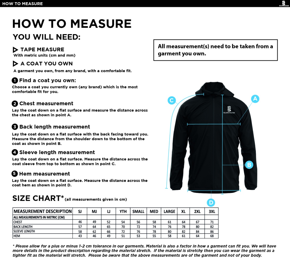 Dual Elite 1/4 Zip Hoody / Rain Jacket - Size Guide